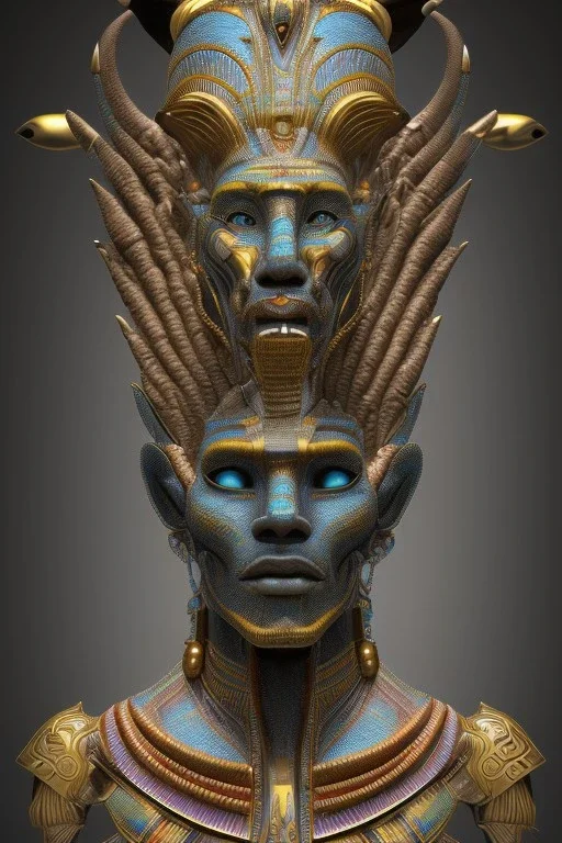 Aztec male African Egyptian alien, cracks in the voodoo head, wicked, eyes, crown, Elephant, 8k, finely detailed, photo realistic, tiger turquoise skull head gold dragon space alien snow skeleton gold hornytoad silver crown silver eyes