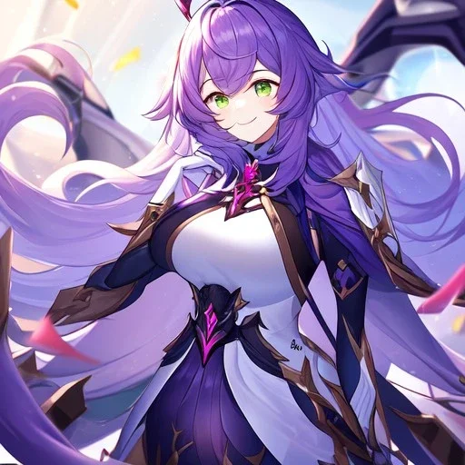 Clear focus,High resolution,High quality, Smiling, Purple long fluffy hair, Green eyes, Wearing a pink mech uniform, Honkai Impact Star Rail