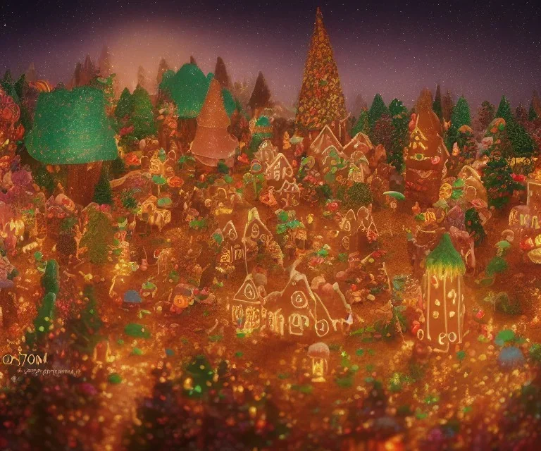 gingerbread candy village, colorful, fantasy, fairytale, intricate, forest, fireflies, flowers, halloween, christmas, hansel and gretel, bokeh, medium shot, visually stunning, depth of field 100mm ( cinematic scene, studio lighting, matte painting, concept art, trending on artstation, artgerm, cgsociety )