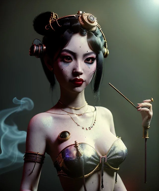 Surealistic, steampunk , , cabaret scene. Geisha Asian woman. smoke, happy, hot, color fog, people background, highly detailed, concept art, unreal engine 5, god rays, ray tracing, RTX, lumen lighting, ultra detail, volumetric lighting, 3d, finely drawn, high definition, high resolution.