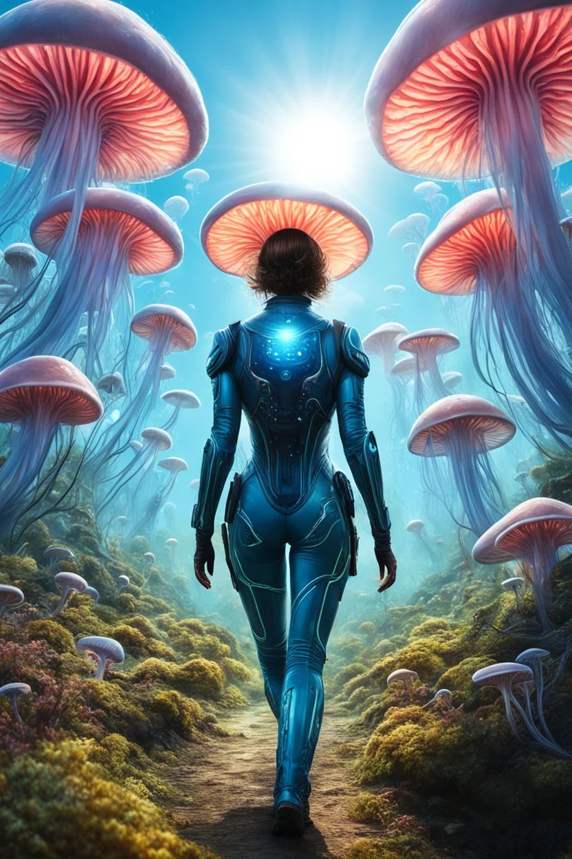 Woman in an Android suit, Walking Through Alien Mushrooms With Jellyfish Tentacles, Floating Through An Alien Forest, Photorealistic, Intricate Detail, Sunshine, Blue Sky