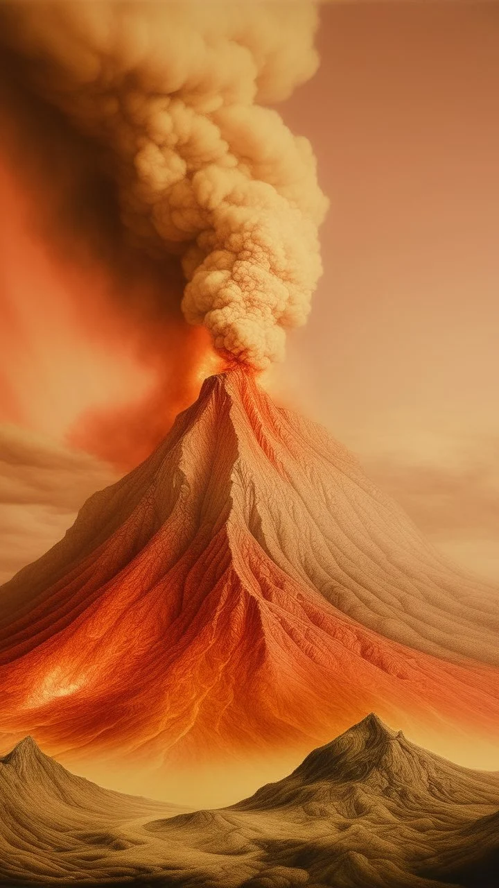 A light rosy orange colored volcano with spewing fire painted by Leonardo da Vinci