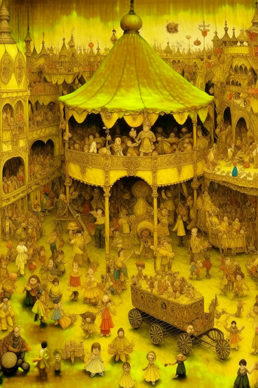 A yellow carnival made out of toys designed in medieval tapestry painted by John Atkinson Grimshaw