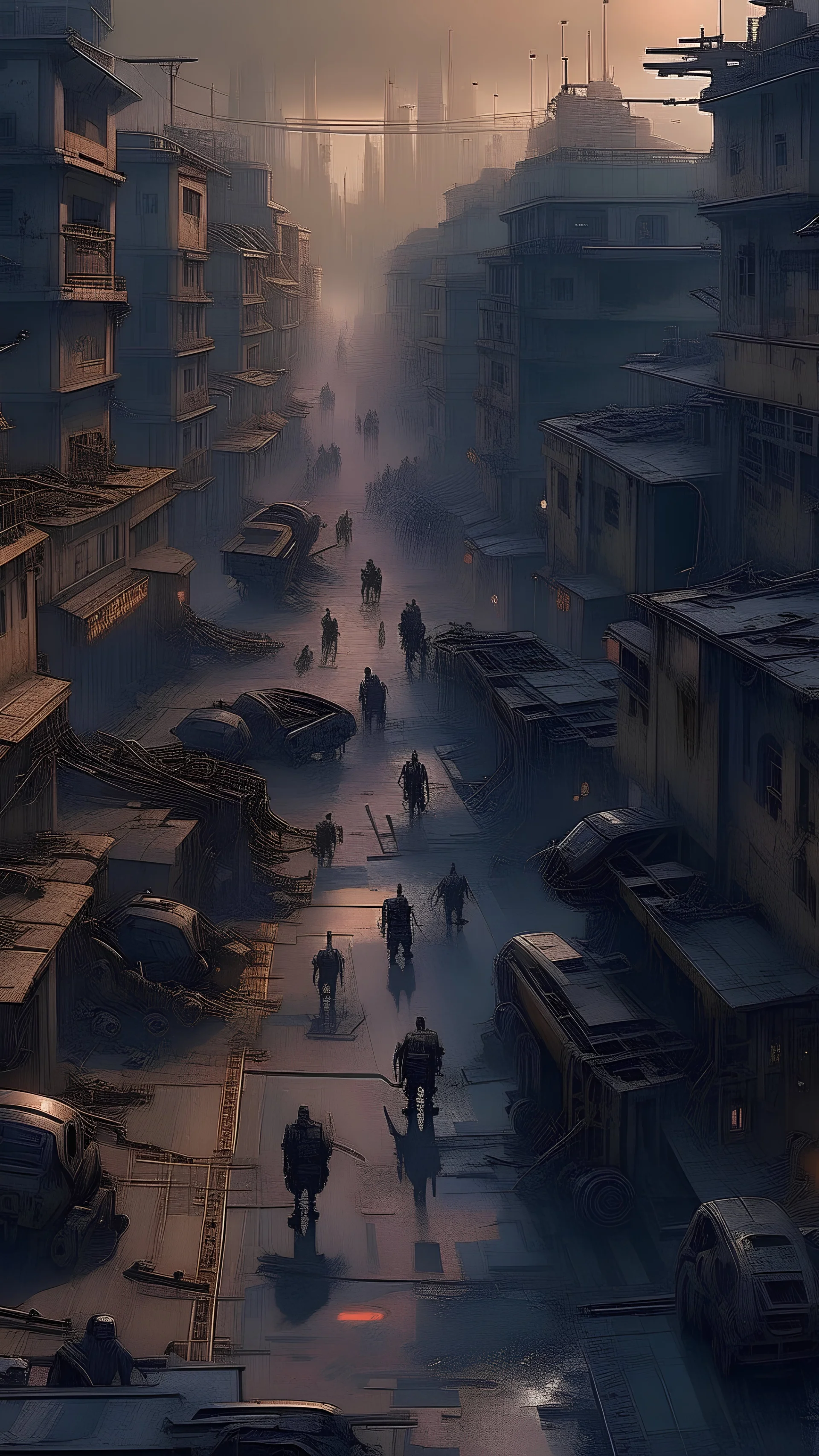 slums of a city, many broken robots walking, scary, drone shot, cyberpunk, digital art, 4k