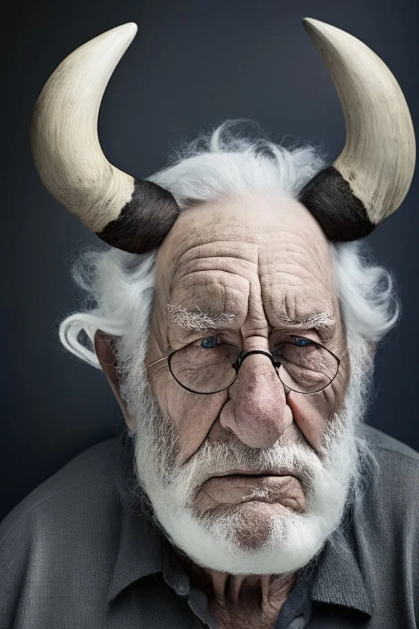 old man with large gray eyes and 2 horns on white hourse