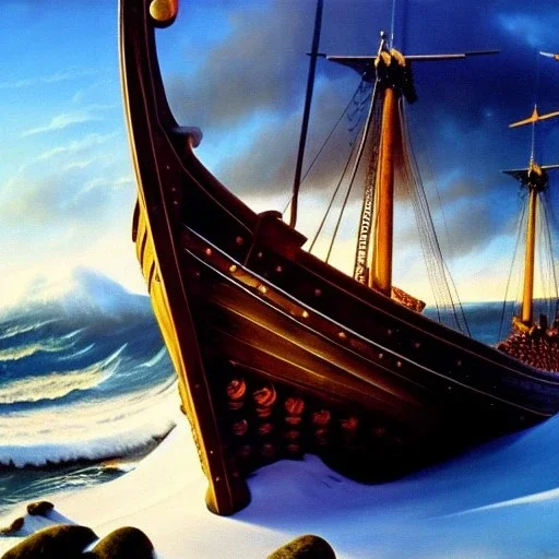 portrait of 'Viking Ship on rough seas',snow,vikings,ancient armor,painting by Earl Norem, simon Bisley,frazetta evan lee, Vallejo, oil on canvas, cinematic composition, extreme detail,fit full head inside picture,8k