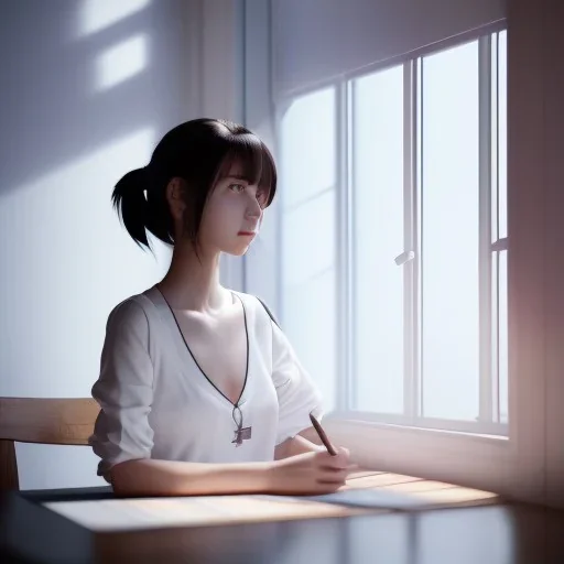 female student studying by the window, anime style,perfect face, cool face, unreal engine 5, cinema4d, sun light, studio lighting --ar 1:1 --v 4