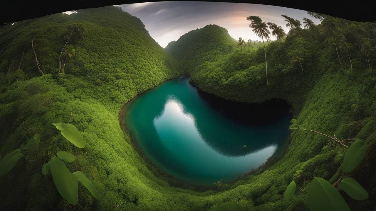 fish-eye lens perspective showing curvature of earth at the horizon, brilliant lush vibrant landscape of primordial jungle giving way to the ocean, verdant, eco-friendly, award winning surreal photography