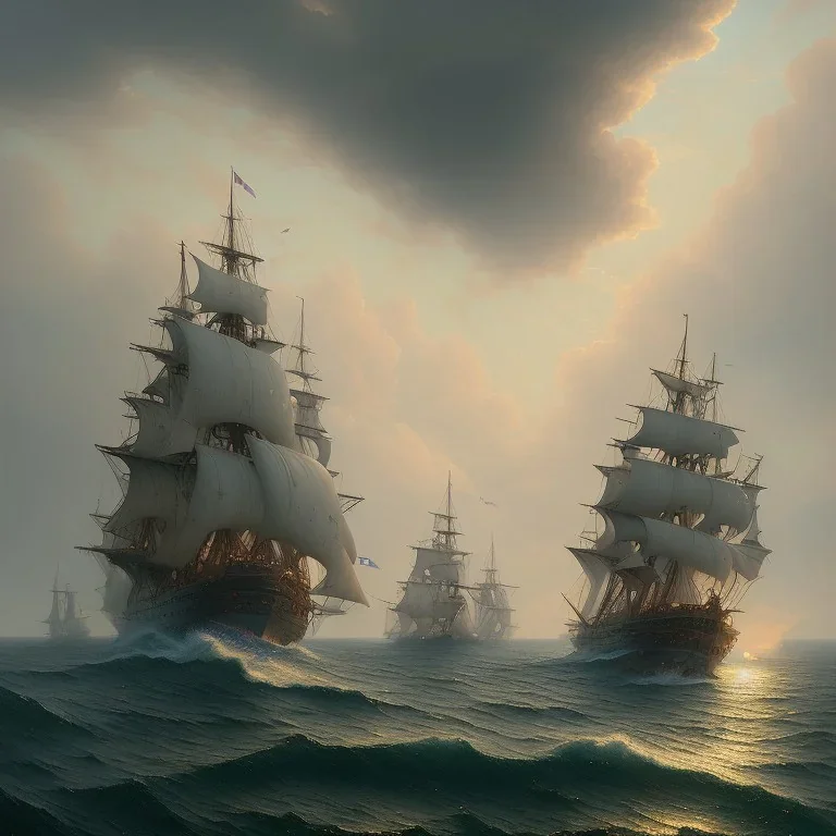 Ship of the line firing broadside, 1793, spanish mediterranean sea, waterfront, alphonse mucha, greg rutkowski, sharp painting, volumetric lighting, volumetric clouds, maya render, hyper detailed, 8k, uhd, exaggerated colors, fantasy art, felix kelly, seb mckinnon, jessada sutthi, boris vallejo, lin chen