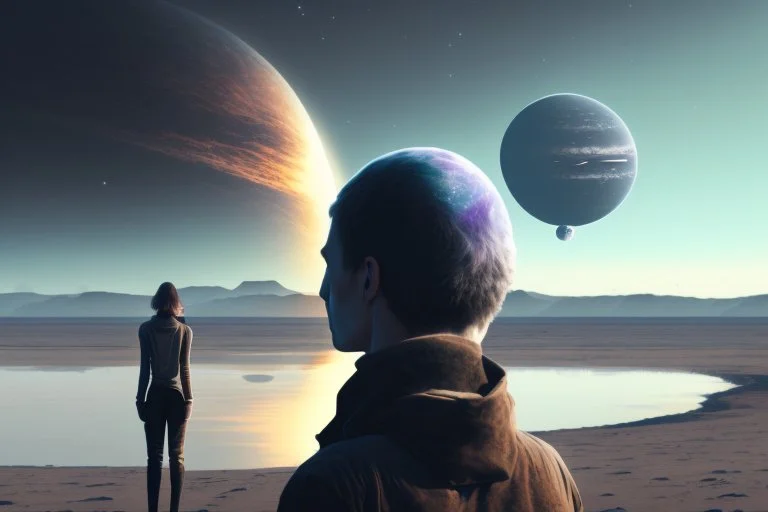 person seeing a grey exoplanet in the horizon, lagoon, sci-fi, very epic