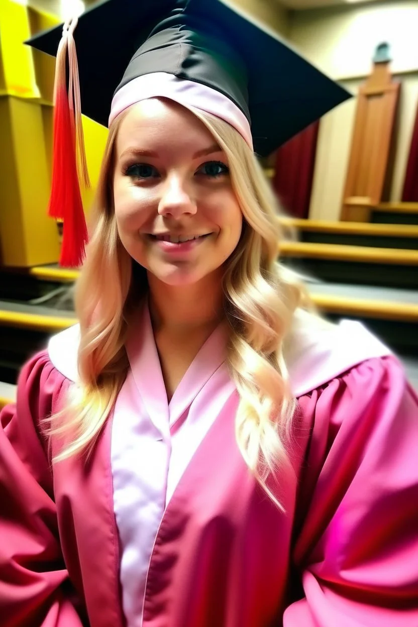 Een dom blondje die haar dokterdiploma heeft gekregen dankzij CHATGPT. Straalt domheid uit. Haar graduation outfit is volledig roze. Karikaturaal, carnavalesk, er zijn dokterattributen, denk legally blind en greys anantomy Dokter moet duidelijk zijn