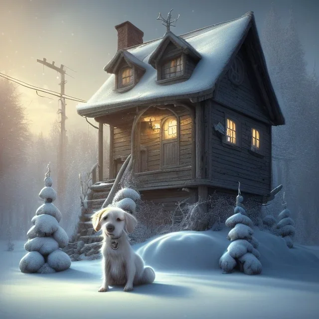 SAD, SCARED, LONELY DOG TIED UP OUTSIDE WITH A HOUSE IN BACKGROUND, WINTER, 8k resolution, high-quality, fine-detail, intricate, digital art, detailed matte, volumetric lighting, illustration, 3D octane render, brian froud, howard lyon, selina french, anna dittmann, annie stokes, lisa parker, greg rutowski