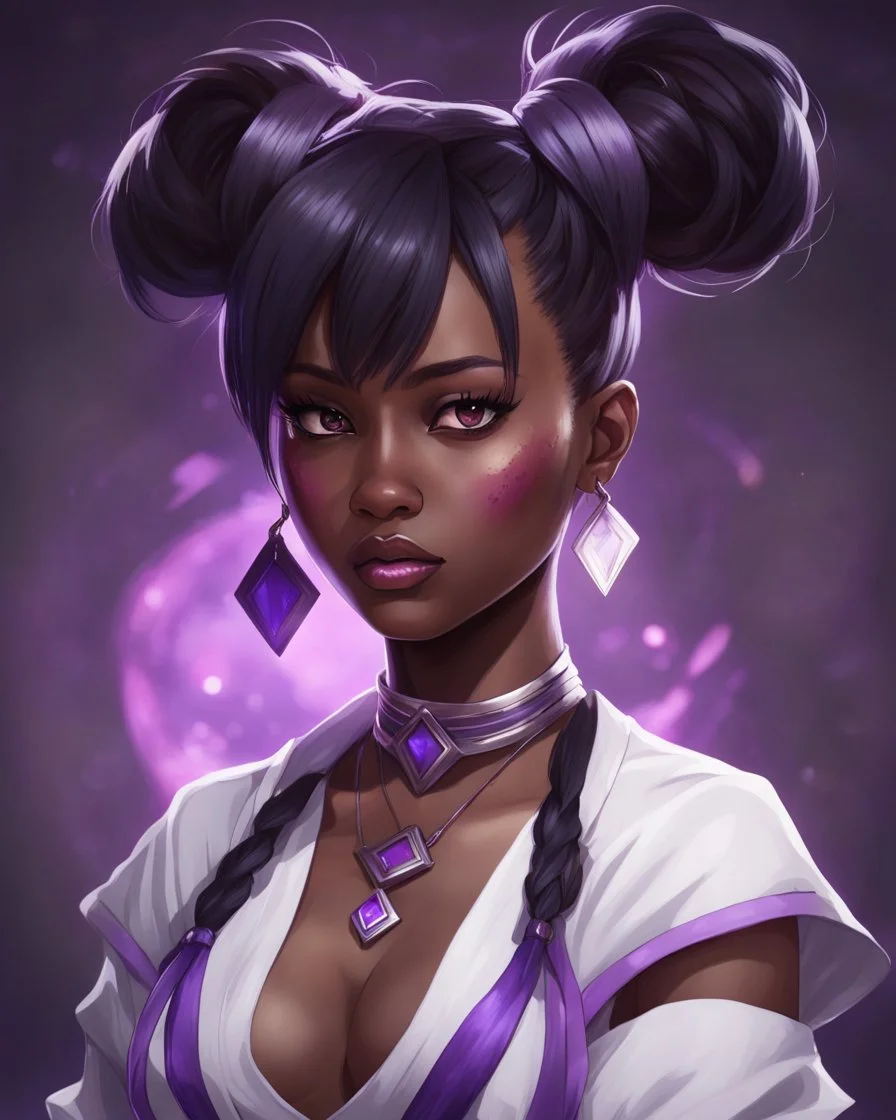 arcane tv show style, league of legends, solo, 1girl, attractive teenager, african, dark skin, dark-brown eyes, black hair, pair buns, violet strands of forehead bangs, necklace, earrings, modern makeup, (detailed skin texture), white oversize shirt