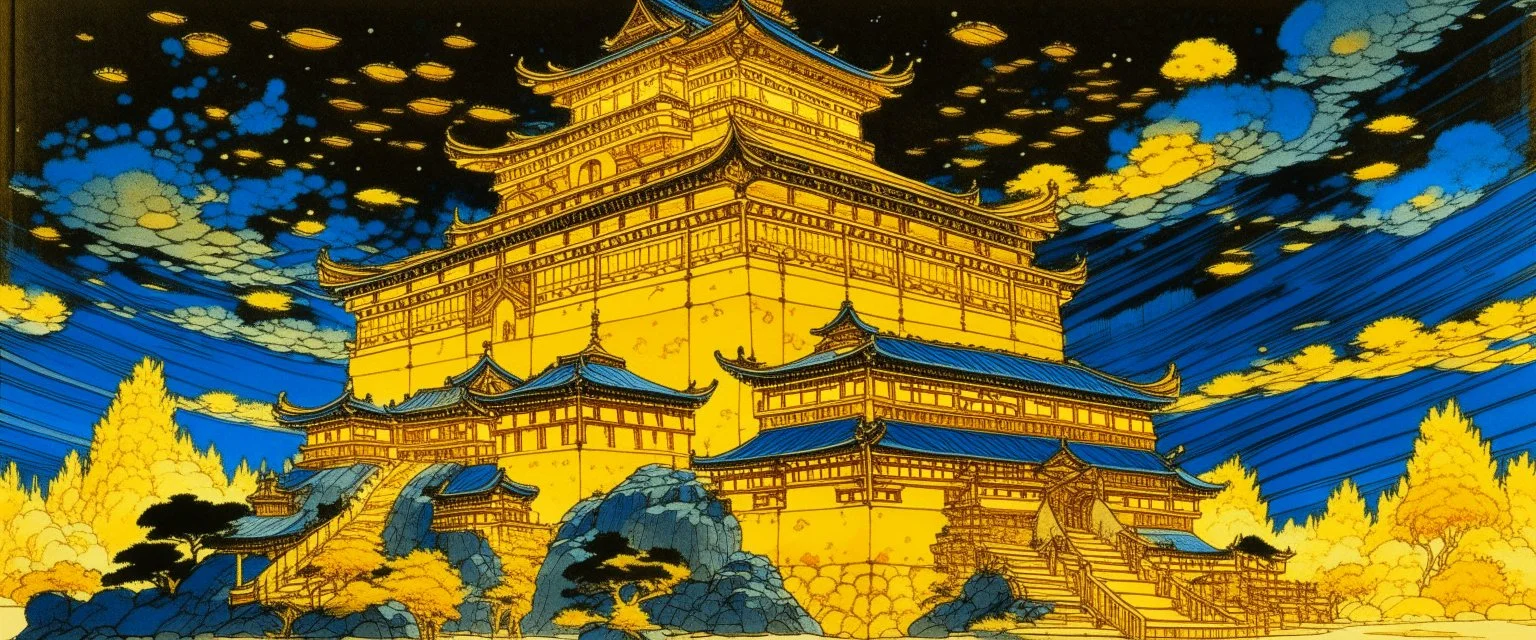 A yellow glowing light casino themed castle painted by Katsushika Hokusai