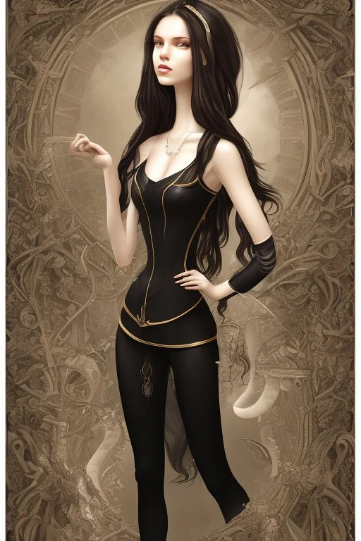 tall thin girl in black clothes, long dark wavy hair, outside an apothecary shop