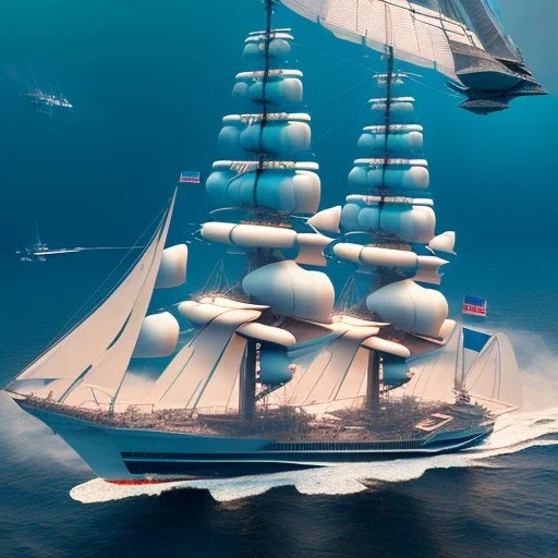 fullbody Drawing of 'USS Constitution Sailboat',intricate detail,andrea bonelli,Kilian Eng,Ohrai,evan lee,Aleksandr Sidelnikov,three quarters frontal aerial view,toned colors,16k