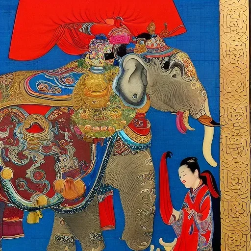 chinese god with cow head riding a detailed indian elephant painting