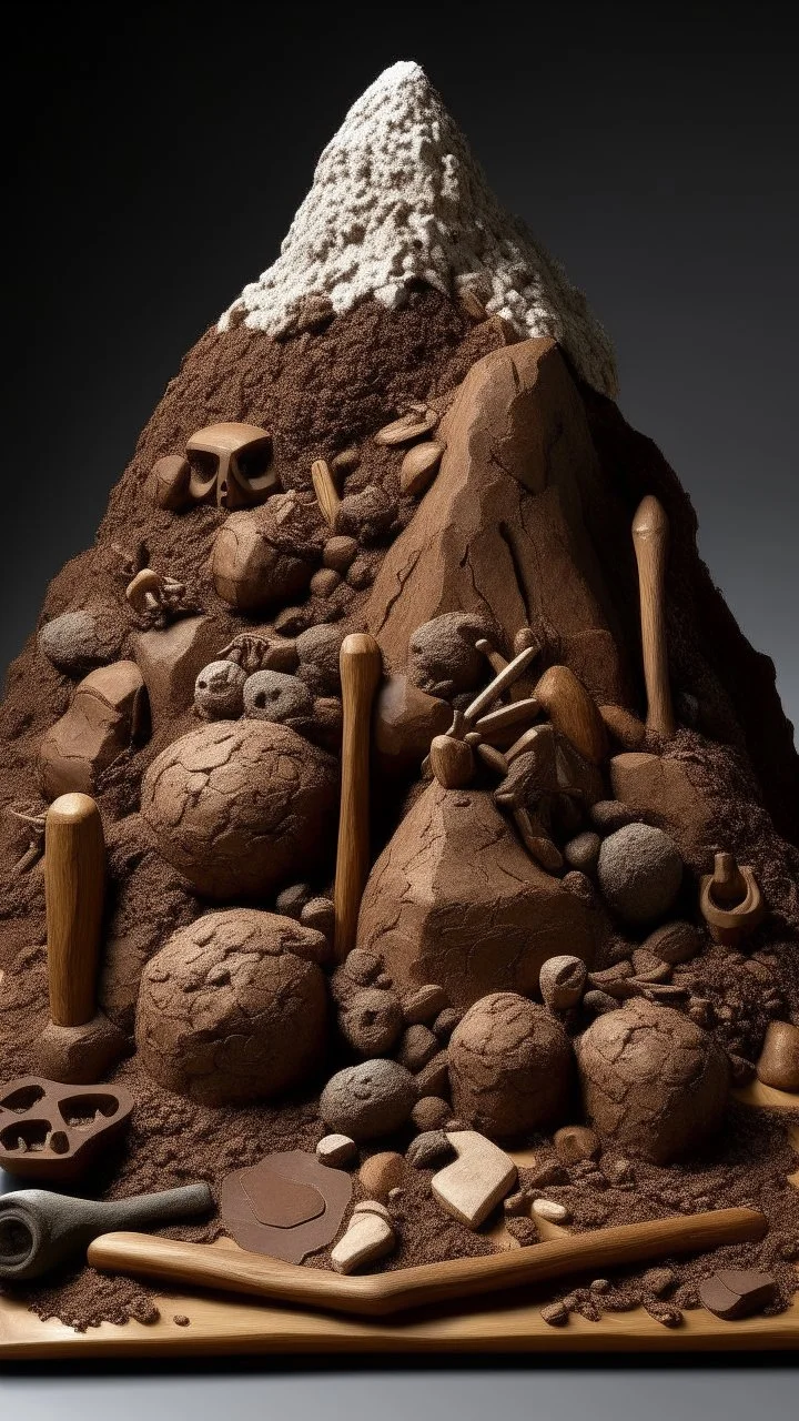 A brown mountain with hammers made out of stone designed in African masks
