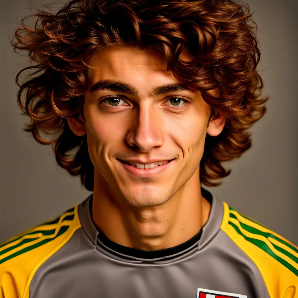 85mm DSLR color photography of a very detailed headshot fitting all of head and hair in frame. 18-year-old italian soccer player, with brown hair color and no facial hair and has very short hair and with a small smile, grey background make him look more rough