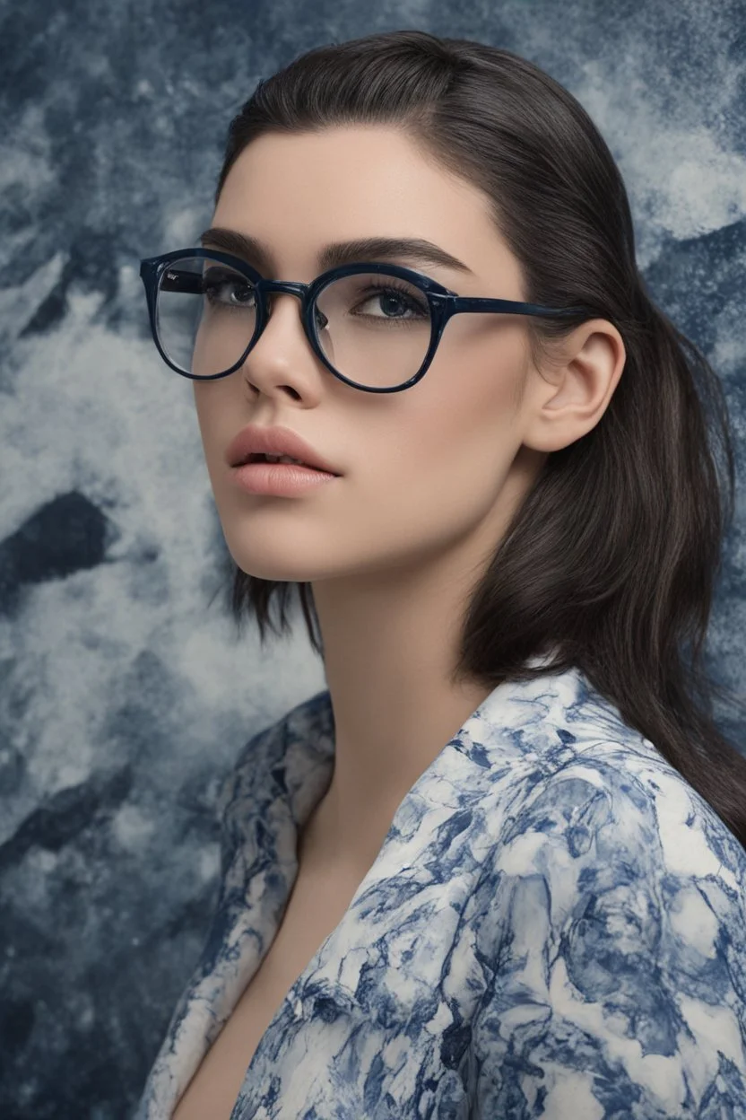 Hailee Steinfeld, Elvis Presley Hybrid, 4k UHD, photorealistic, ((big, full, plump, pouty lips:1.5)) black hair, big cat-eye eyeglasses, dark blue foggy gradated marble wall background