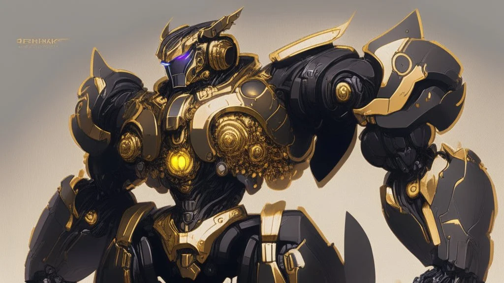 black mecha with golden ornaments, comic style