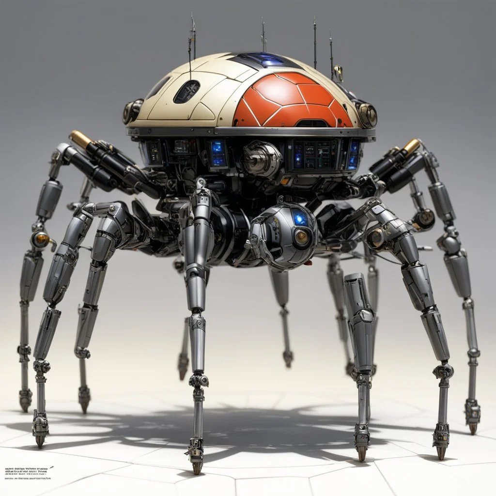 [high res photo by Masamune Shirow] Utility Spider Droids from Warington, Inc. Ranging from the size of a basketball to a golf ball , A multi-legged, small self-propelled mechanical utility droid, equipped with an AI brain. Its function is to assist with small tasks: repair and maintenance, surveillance and alert of any potential threats, also is equipped with a plasma disrupter (NATURALLY) that is built in, it can assist in combat situations.Built from compressed hydrolyum, and Powered by a mic