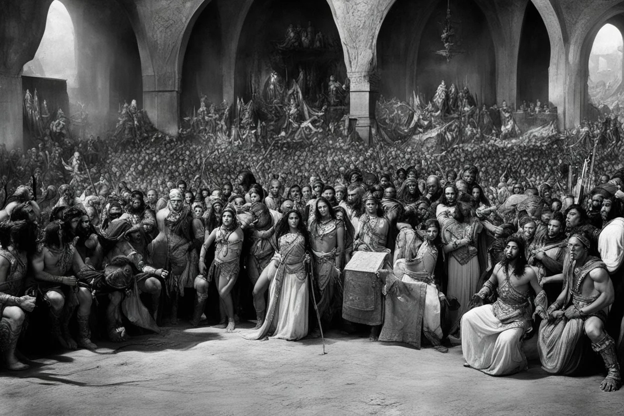 [very impressive high res masterpiece in Kodak Eastman 5247, scene by László Krasznahorkai] The Tharks were having their hands full in the center of the room, and | began to realize that nothing short of a miracle could save Dejah Thoris and myself, when | saw Tars Tarkas surging through the crowd of pygmies that swarmed about him. With one swing of his mighty long-sword he laid a dozen corpses at his feet, and so he hewed a pathway before him until in another moment he stood upon the platform b