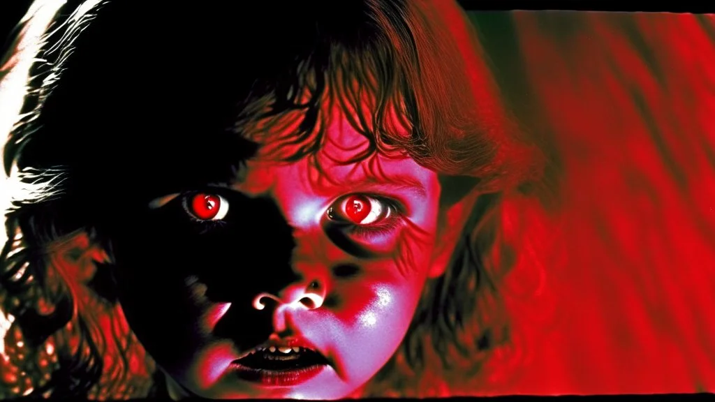 The Exorcist is a 1973 American supernatural horror film. The demonic possession by Pazuzu demon of a young girl (Linda Blair).Alchemist , high voltage, thunder light, closeup, proactive scene, provocative moving, action pose, modern and futuristic HD colored black and red decor beautiful black Pazuzu demon in a high voltage,light saber action, double exposure, halo, perfect composition, highly detailed, ba