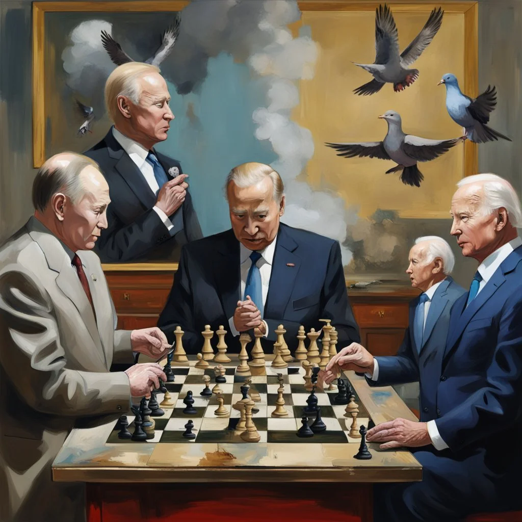 Putin, President Xi Of China And Joe Biden Play Chess With A Pigeon,Ufo And Atomic Bomb Mushroom Cloud,Complex Surgical Instruments Intermixed With A Newborn Boy,Minimalism,Painting By Adrian Ghenie,Rene Magritte,Pablo Picasso,Michelangelo,Salvador Dali,Lucian Freud