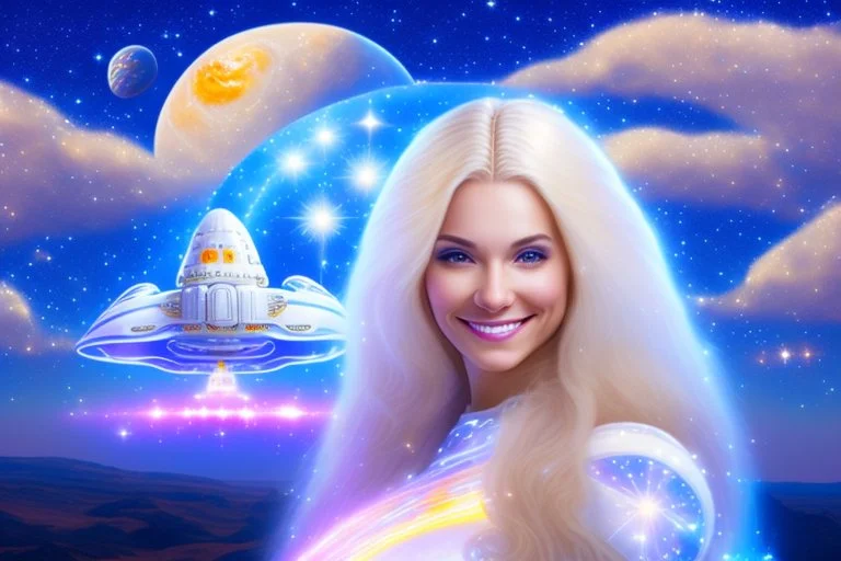 very beautiful cosmic women with white long hair, smiling, with cosmic dress and in the background there is a spaceship with light below and a bautiful sky with stars and light beam