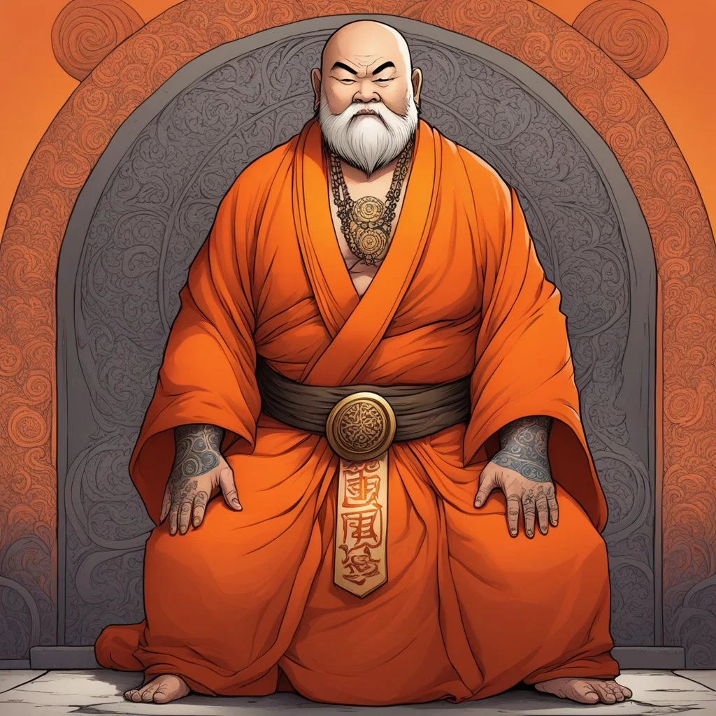 old fat menacing gangsta monk with tattoos is dressed with an orange buddah robe: page by artist Harvey Tolibao and colorist Rebecca Nalty for a tale