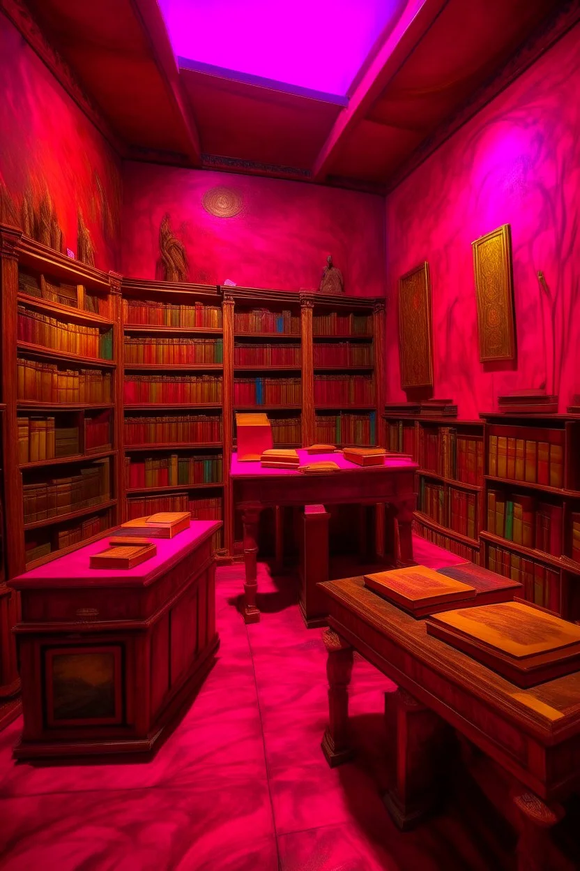 A magenta arcane library with psychic books painted by Vincent van Gogh