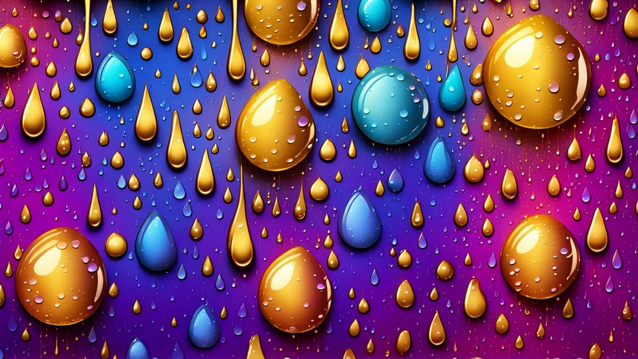 Hyper Realistic Blue-Rain-Drops on golden-maroon-&-purple groovy-retro grungy-backgrounds