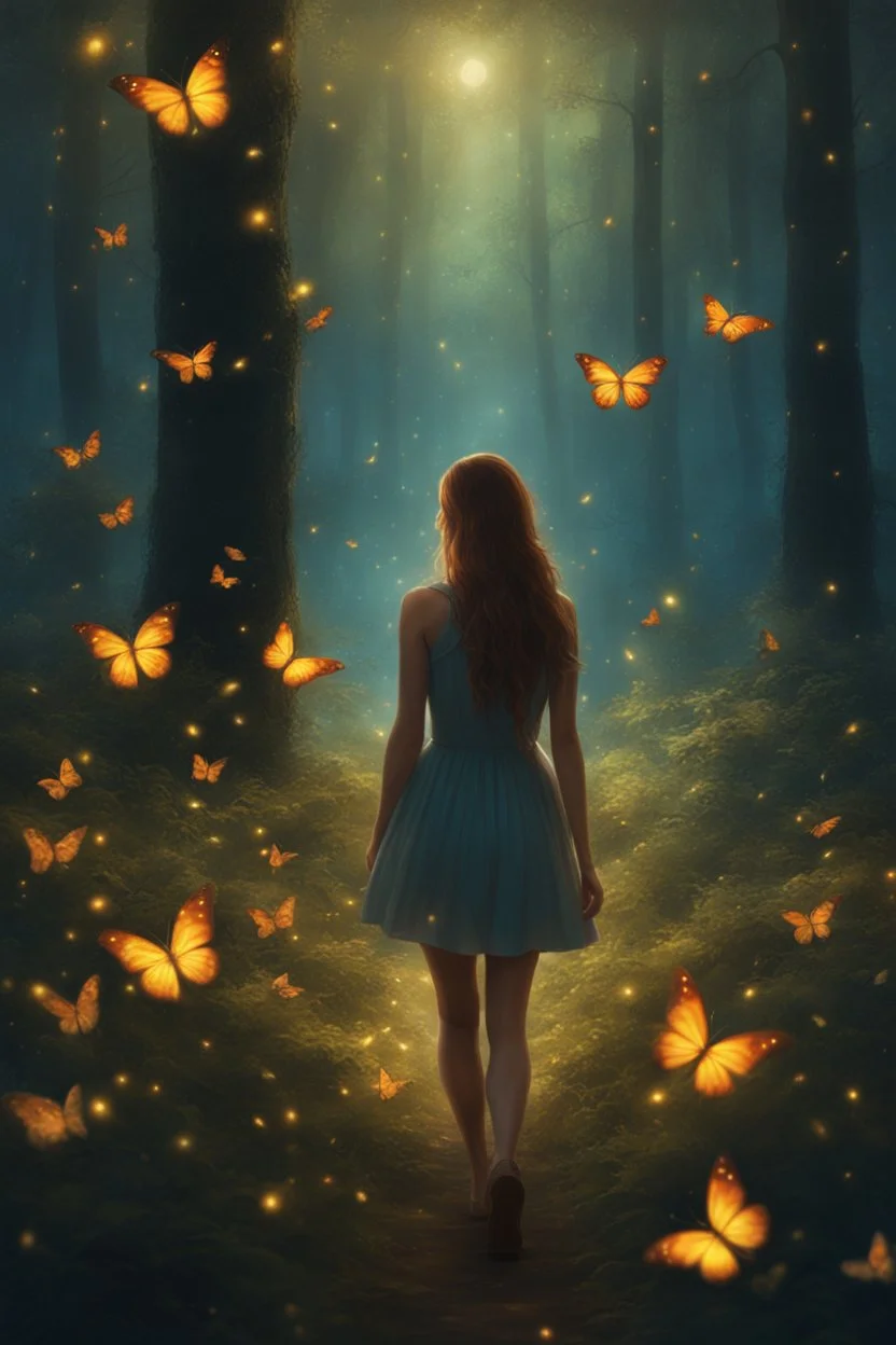 a woman standing in a forest surrounded by butterflies, girl walking in dark forest, beautiful fantasy painting, magical forest backround, among wonderful golden fireflies, very beautiful fantasy art, fireflies flying in the forest, beautiful gorgeous digital art, dream scenery art, dreamlike digital painting, atmospheric dreamscape painting, magical forest with fireflies, very beautiful digital art