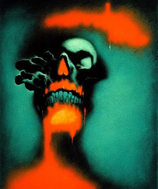 broken skull. black background. smoke and explode. particles in air. teal and orange. abstract. beksinski.