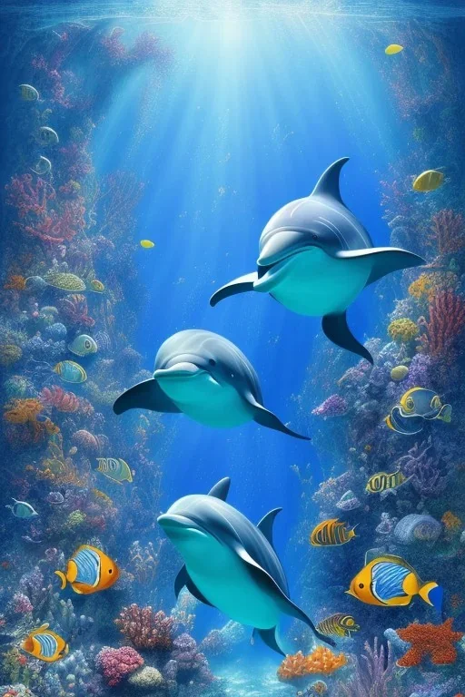 underwater, coral, a dolphin, beautiful colors, tropical fish, very fine detail, high quality, mystical, intricate, Neo-Impressionism, soft lighting, fantasy,