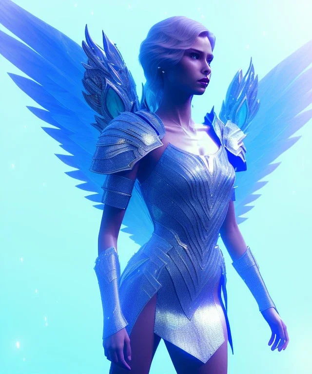 A crystalised queen, atmospheric, realistic, unreal engine, cinematic lighting, octane render. blue, pink, transparency, light, shine,bright, full body, transparent wings, blonde, long hair, nice smile