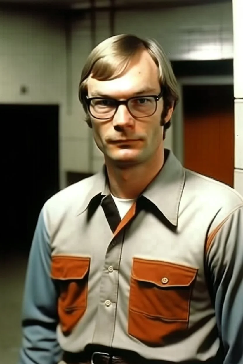 Jeffrey Dahmer with prison uniform in jail without glasses