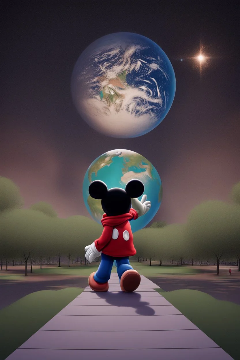 Mickey Mouse with a Supernova above the hand of an Earth person in a developed public park