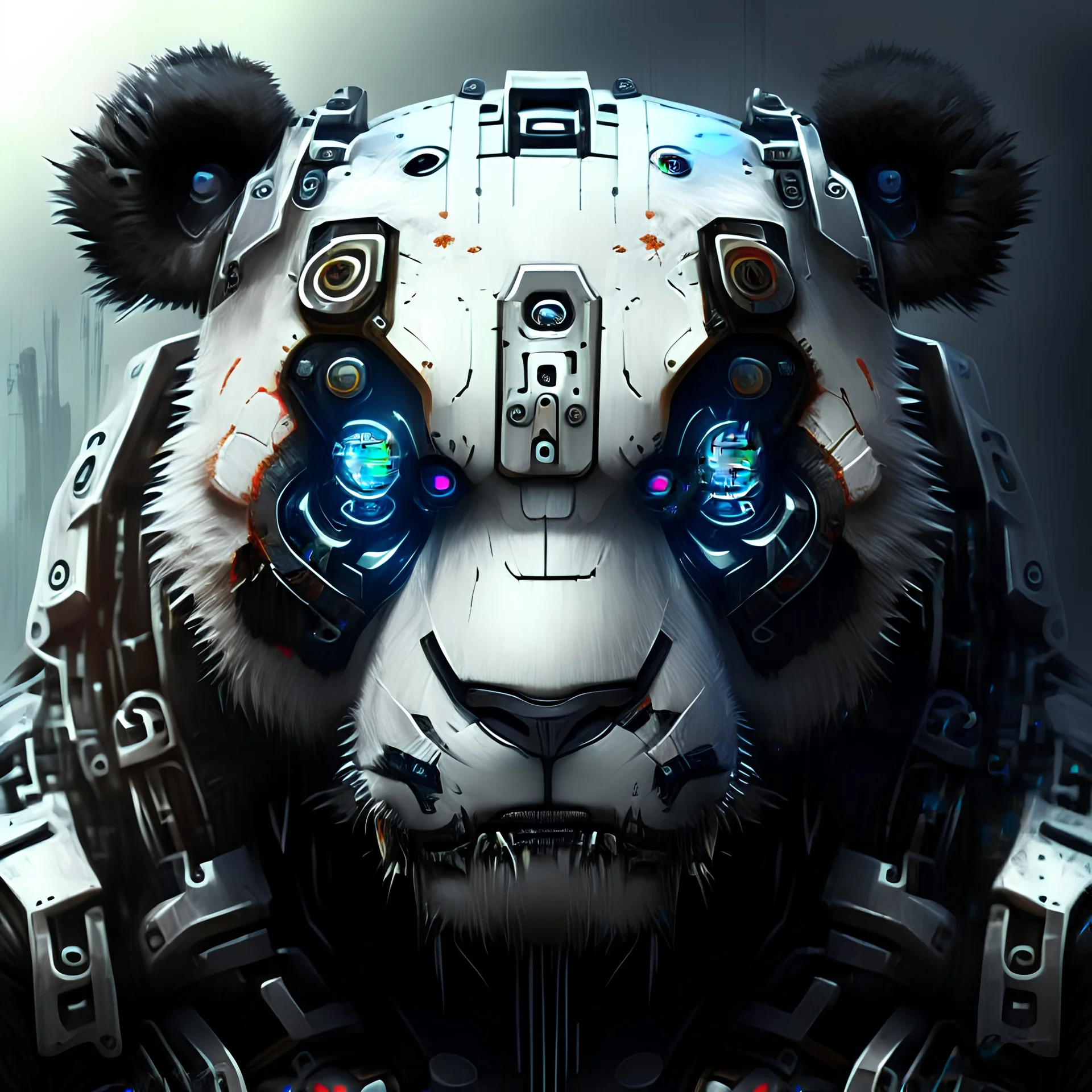 mecha cyborg brutal panda face realistic high definition background