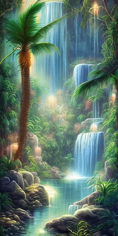 turquoise neon waterfall with palm trees sparkling at night in a cave detailed realistic glowing