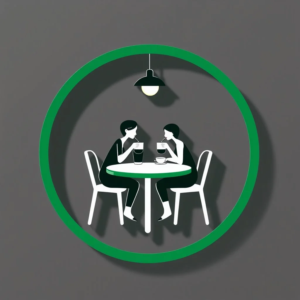 A circular logo with a distinctive green border, in the center of which are two people sitting at a two-person table drinking coffee with a light on above their heads.