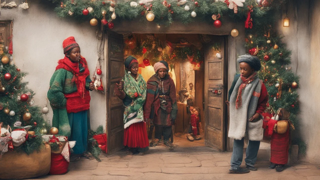 Setting: The scene unfolds at the entrance of a cozy Ethiopian home decorated for Christmas. The door is adorned with festive decorations such as twinkling lights, a wreath, and possibly traditional Ethiopian holiday decor. Characters: The three best friends consist of one woman and two men. They are all dressed in comfortable and stylish winter clothing with a touch of cultural elements. Activities: The friends are gathered by the door, engaging in lively conversation and laughter. They shar