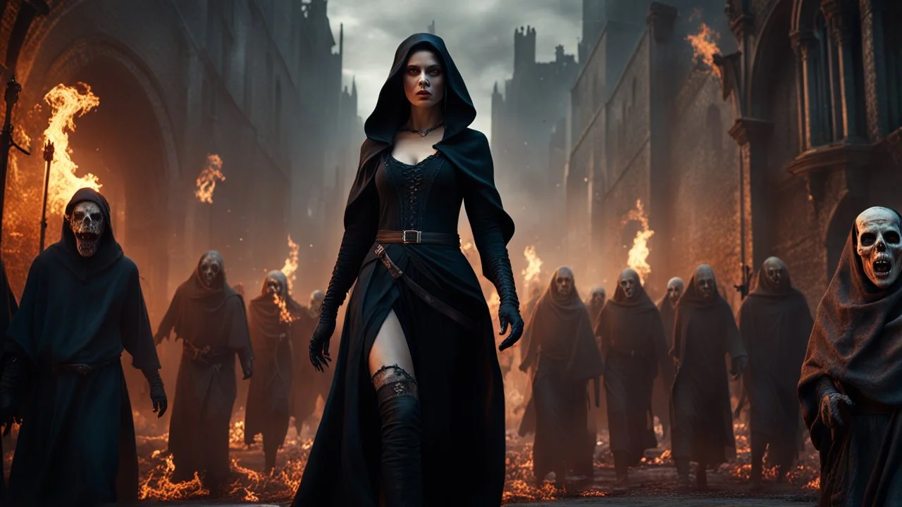 a horrifying female sorcerer in black cloth and gloves leading an army of rotting zombies through a burning medieval city. the apocalypse. blood. magic in the sky. fantasy setting. blood. intense horror. blind terror. scared to death. a masterpiece, fantasy concept art, dynamic lighting, hyperdetailed, intricately detailed, deep color, Unreal Engine, volumetric lighting, Epic cinematic brilliant stunning intricate meticulously detailed dramatic atmospheric maximalist digital matte painting