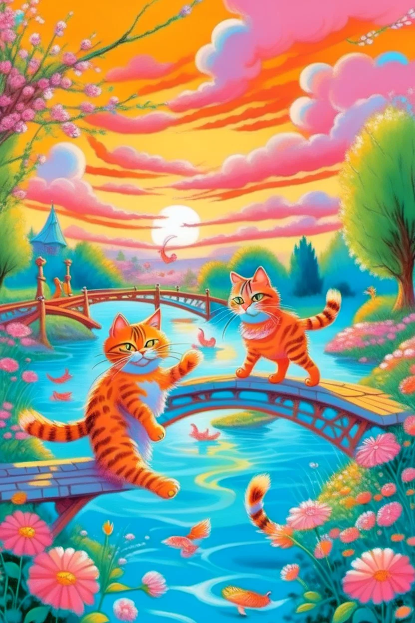 in the center: beautiful chunky cats dancing on a bridge , background: landscape, first plan: pink flowers and a small river with blue water, sky: orange clouds