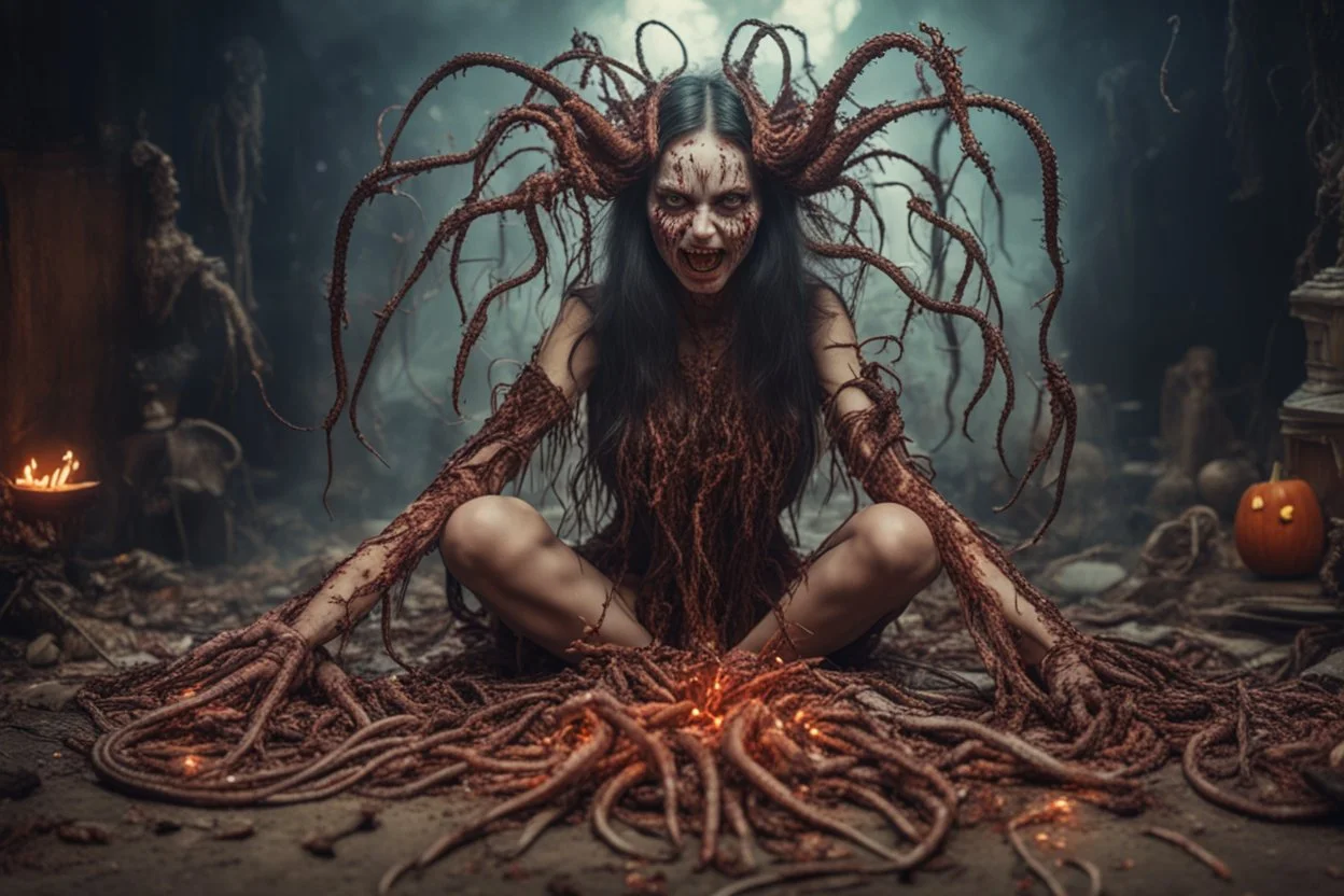 Demon girl wizard Halloween vintage girl, fullbody, feet point view, creepy, horrifying, sinister, many worms parasite creature connected to the head, sparks around her, intricate, 8k, macro photography,