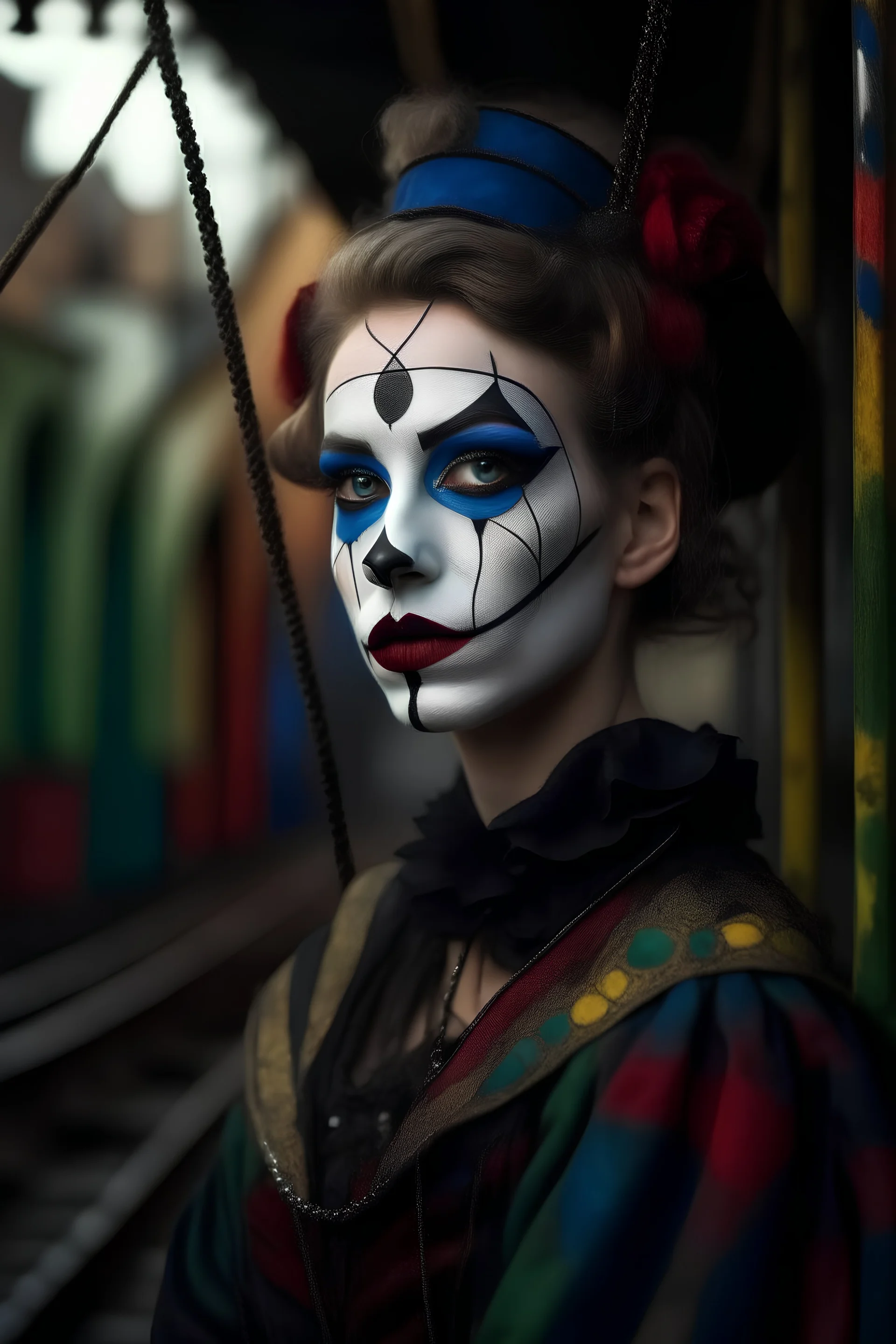 hyper real oil painting portrait of posing harlequin in cable trolley in goth ruins background, zeiss prime lens, bokeh like f/0.8, tilt-shift lens 8k, high detail, smooth render, down-light, unreal engine, prize winning