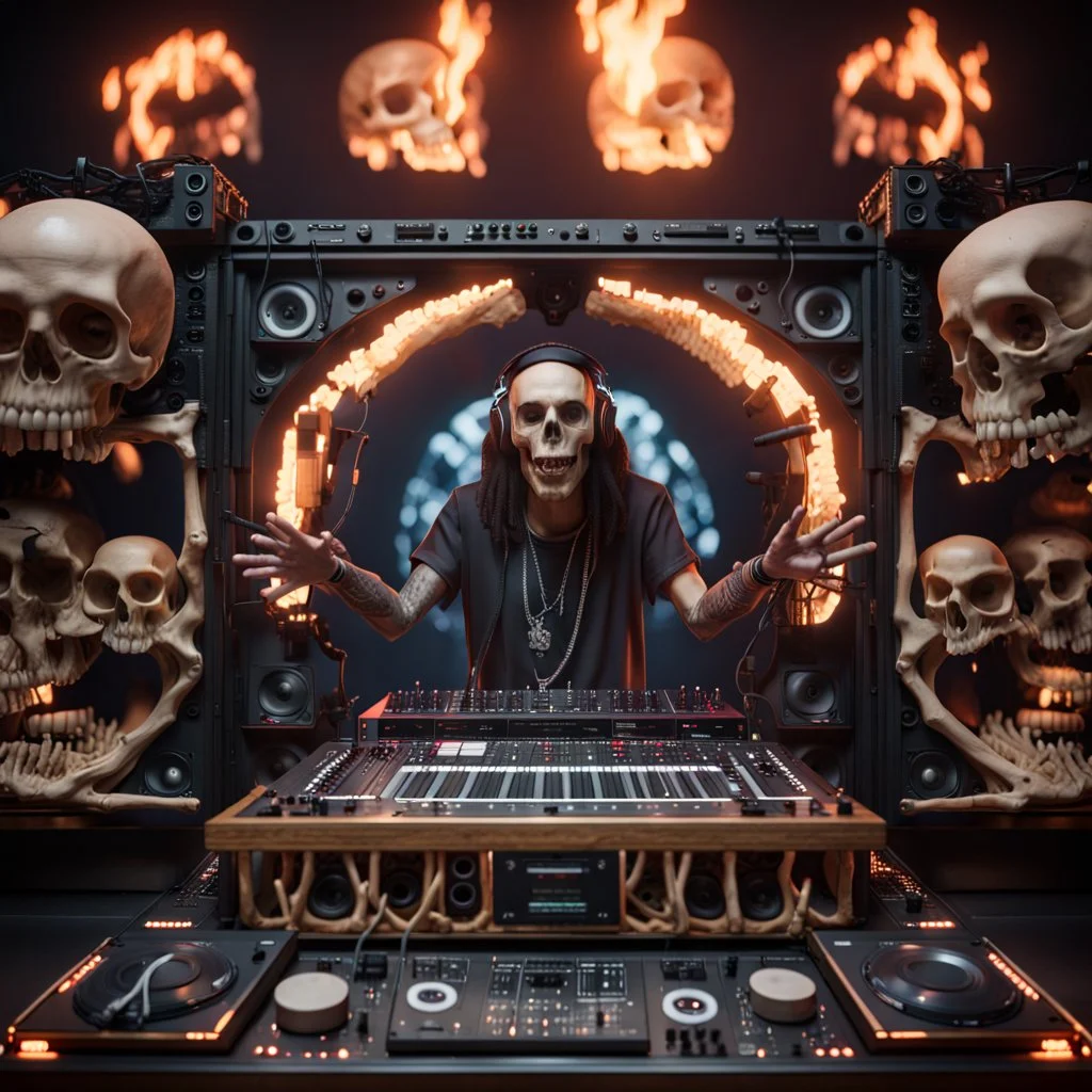 DJ Jazzy Jesus, insanely detailed DJ booth in hell, MID set, speakers and equipment made of bone, anatomically correct, add more skulls in th audience, photorealism, vray, 8k 3d