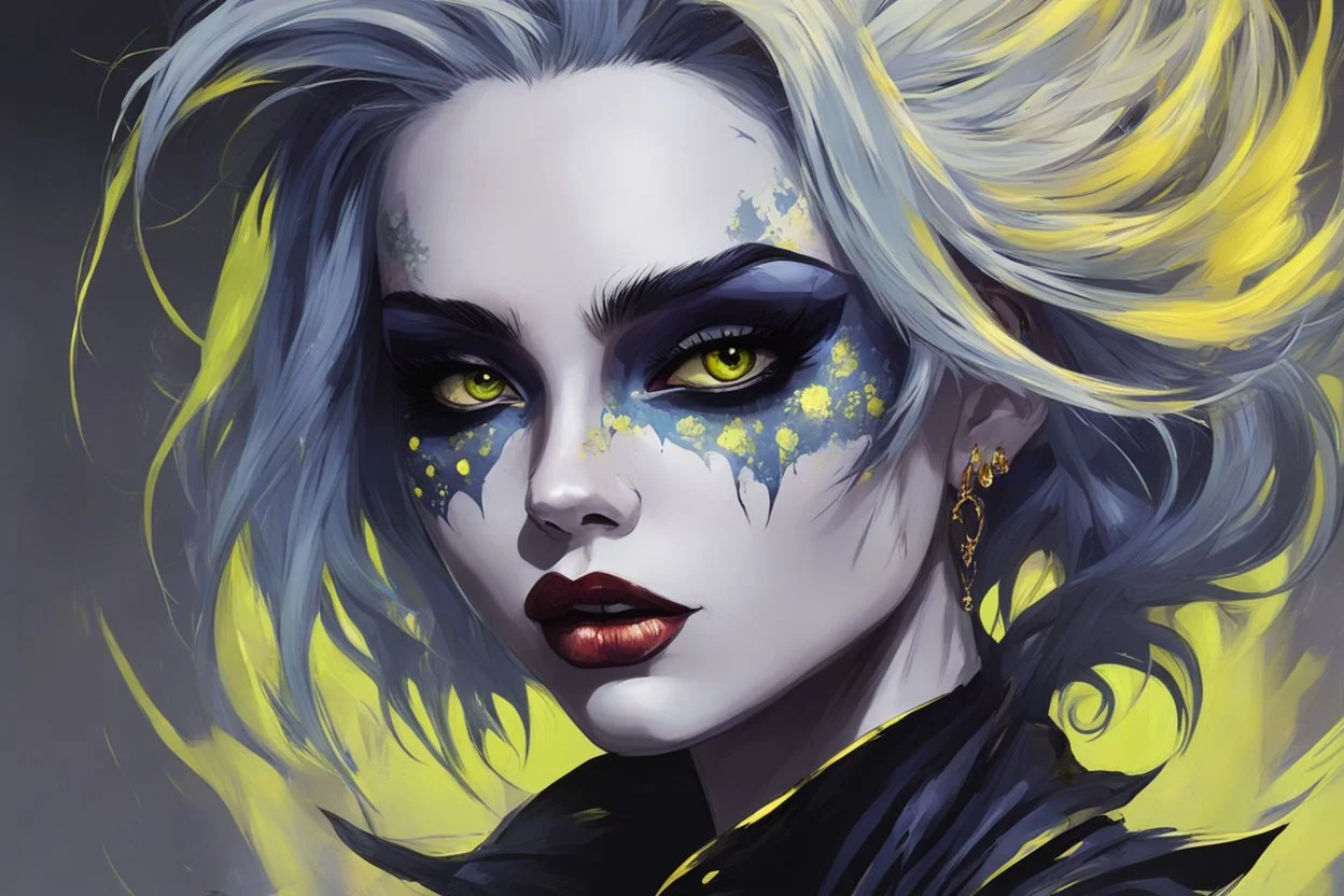 Savage VampireGirl in the style of dark gothpunk , comic book, indigo, light gray and golden lime, otherworldly paintings, i can't believe how beautiful this is, distinctive noses, colorful animations