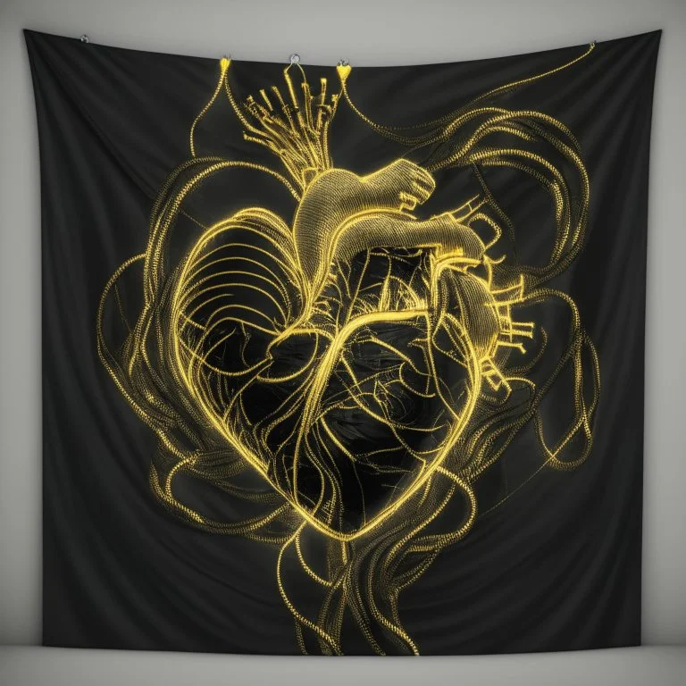 electric heart in black and golden tapestry